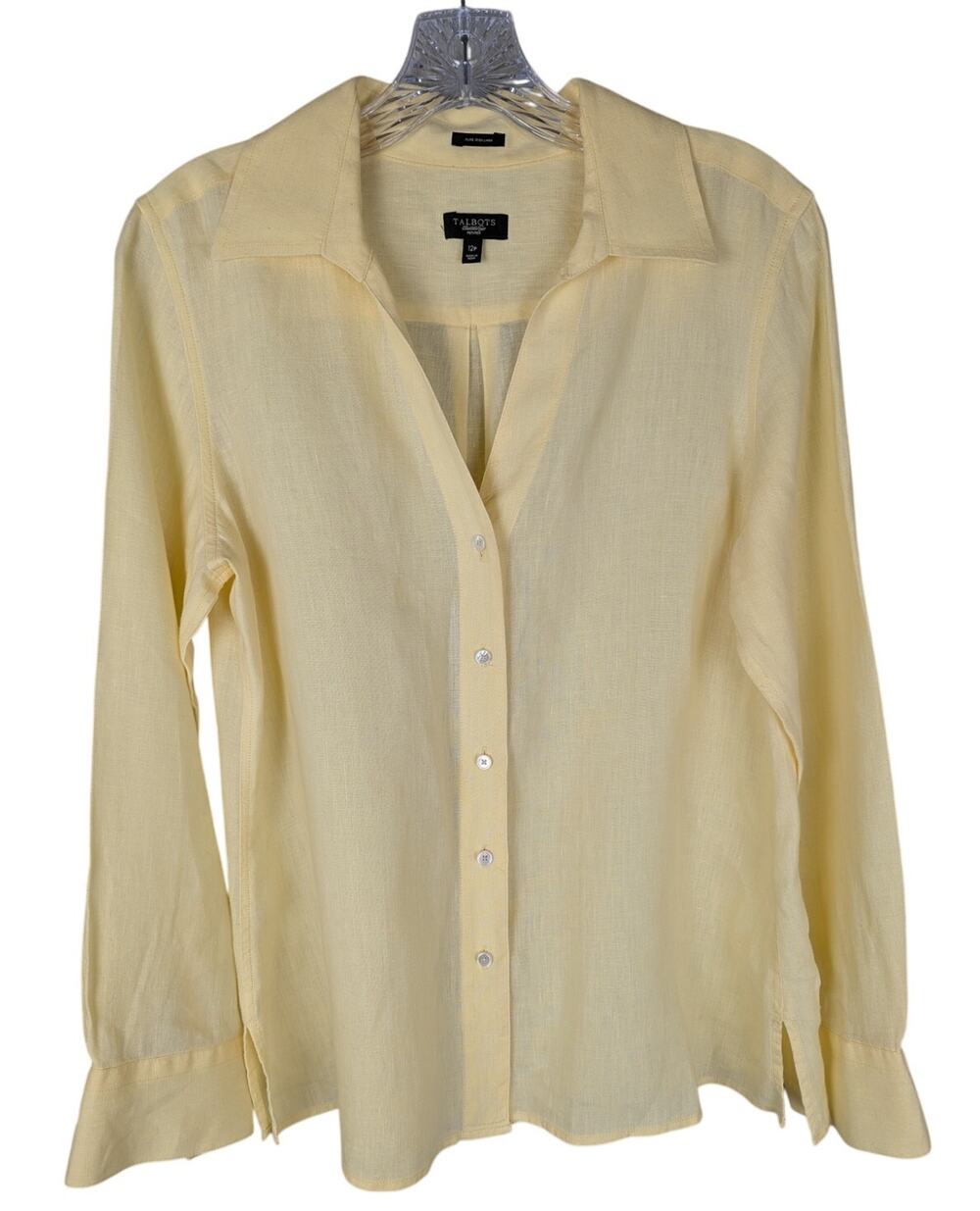 Talbots Pure Irish Linen Blouse Yellow 12Petite Open Collar Long Sleeve Coastal